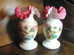Vintage Hand Painted Milk White Rose Bud Vases, White with rose pink inside, light and dark pink rose buds on front. Fan shaped top. Very good condition, price is for set of two. 