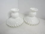 Vintage Fenton Spanish Lace Silvercrest Milk Glass Candle Holders,  ruffled top edge, bottom  is fluted silver crest,  3.5" tall and 4.5" wide at bottom.  Very good condition, no chips or cr...