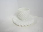 Vintage Fenton Hobnail Milk Glass Open Jan/Jelly Jar with under plate. Jam/Jelly jar is 3" tall, 2.75" across. Plate is 6" and has crimped edge.  Very good condition. No chips or cracks...