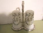 Lefton Milk Glass 25th Anniversary Salt & Pepper Shaker Set, in holding rack. 2.5" tall. Silver metal holder.  Nice usable or displayable condition.