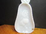 Vintage Hazel Atlas Blossom Pear Shaped Relish Dish, milk glass white with fruit design on inside and floral design on back.  Good condition, price is for per dish.