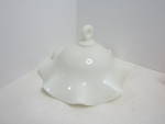  Antique Milk Glass Oil/Kerosene Lamp Smoke Bell,  4.75" tall base, 8" across top. Ruffled edge, hook on top for hanging. Very good condition. No chip or cracks. Price is for one. Very uniqu...