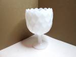 Vintage Milk Glass Pedestal Compote Goblet Bowl Vase, scalloped top edge diamond design. Very good condition, price is for one.