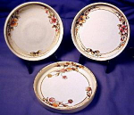 Hand painted Nippon Coaster set. Porcelain. Japan. Lovely set of three coasters. Hand painted flowers in pale orange and pink; green leaves; very pale yellow on the outer ring. Flowers & leaves outlin...