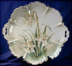 RS Prussia Narcissus cake platter. Porcelain. Germany. Unmarked, R.S. Prussia.  c. 1900s.  (RSP Mold 256). Large cake platter with tabs. Approximately 11.5" handle to handle. Relief molded in the...