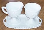 Featured for your enjoyment is a lovely 3 piece cream and sugar set from Anchor Hocking Glass.<BR>This is their Grape Harvest pattern in milk glass from the 70s. The set is in excellent condition.<BR...