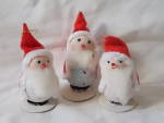 Set of 3 old Japan ornaments made of Styrofoam balls for head and tummy with felt coats and cotton beards. Their coats are trimmed in pipe cleaners and the sit on paper stands. All 3 are marked Japan....