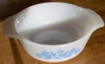 Lovely blue cornflower pattern on this Fire King individual casserole. Excellent condition.<BR>Stands 2" tall by 6 1/4" wide.<BR>