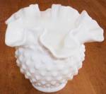 Done in the milk white is this lovely old Fenton Art Glass rose bowl. Hobnail pattern. Excellent condition. Stands 4 1/4" tall by 5 1/4" wide. Double crimped and ruffled rim.<BR><BR>