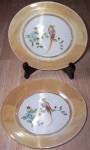 Unknown make but made in Japan. These lovely luster rimmed porcelain plates sport a long tail bird seated on a floral branch in the center. Luster rims show wear but the hand painted birds are bright ...