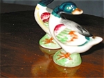 Very colorful pair of vintage duck shakers. c.pre WW2. Green Japan inkstamp and cork stoppers. No chips or cracks and faint all-over crazing. They are 3 high x about 2 wide. Start a vintage shaker col...