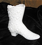Milk glass daisy and button high top boot vase. Likely Kanawha, see book on milk glass category page. No chips or cracks and is about 4.25 high x 4.25 long. These smaller vases are perfect if you don'...