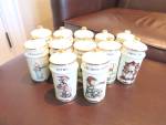 Hummel porcelain spice jars. Twelve nice looking large spice jars = only $6/each! The retail value on the replacements site is from $13.99 to $17.99 for each jar. The the lids fit snug and they have n...