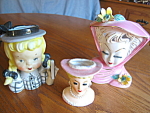 Three vintage lady head vases. All 3 for one price, all have some age/wear flaws. The large vase is also a wallpocket. Large vase is a blonde beauty with pink head scarf.  She has two small flaws as y...