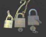 Three vintage padlocks with keys. The oldest looking one is a Corbin, New Britain, CT. lock; next is a Reese US lock, and last is a smaller Reese US lock. 2/12estcs