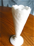 Milk glass bud vase. This vase is in the book on milk glass, and is called the 'Beads, Stars and Scrolls' pattern. See pg. 161, 1995 B. Newbound book. No chips or cracks, and stands 6.25 tall x 2.5 wi...