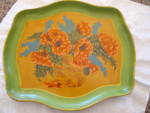 Vintage paper mache tray. The back has the rid stamp: Made in Japan, Alcoholproof with impressed flower symbol. Likely an Alfred Nobler tray. It features flowers in a basket. It is quite old and showi...