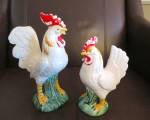 Vintage ceramic rooster and hen. Bottoms have green wreaths with a Japan mark on one of them. The rooster is 7.75 tall. No chips or cracks; but both have some missing cold paint off their crops. You c...