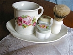 Vintage feminine shaving accessories. Perfect for your new, made to look vintage powder room! First is a cool mug, (I assume it is a shaving mug), with pink roses on it, (heavy duty; transferware). Bo...