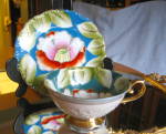 Stunning vintage occupied Japan pedestal teacup with water lily design. c:1948-53. Deep aqua blue background and gold trim. I have 3 of these for sale separately, all similar design, same maker, diffe...