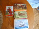 Four cool old toffee tins for one price = only $8/each! First is a vintage George Horner English Toffee tin with carriage and horses. A bit scuffed up on top; has a hinged lid; backside has a blue pap...