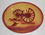 This is an offering for a Tepco China yellow body with red airbrushed wagon wheels and cow skull platter measuring 11-1/2'' by 9-1/4''.<BR><BR>I have not seen this glaze combination in person before.<...