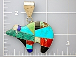 Native American Sterling Silver Blue  Green Turquoise Lapis Opal and Spiny Oyster Inlays Bear Pendant marked sterling 2 1/4 inches wide 1 1/2 inches long (excluding the 7/8 Inch Bale).