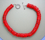 Coral Stacked Discs 7.8 of an inch wide 18 Inches necklace Artist Designed  Large  Sterling Silver Toggle clasp.   