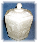 FIRE-KING ANCHOR HOCKING GRAPE and LEAF MILK GLASS COOKIE, CRACKER OR BISCUIT barrel. The jar measures 9 1/4 inches tall by 6 1/2 inches across at the widest part of the rim.   Ther are no chips or cr...