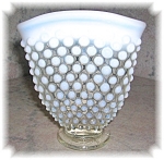 This white hobnail opalescent glass fan vase measures 3 3/4 inches tall by 3 1/2 inches wide by 1 1/4 inches thick.  It is in great condition with no chips or cracks.  <BR>Possibly could be Westmorela...