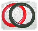 2 Plain Bakelite Red and Black Bangle Bracelets 2 5/8 inches inner diameter 3/8 inch wide good condition minor scratches bangles pass the simichrome test.