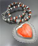 Navajo Orange Spiny Oyster Sterling Silver Heart Pendant 3 1/4 Inches and 84 Grams 17 Inch Sterling Silver and Spiny Oyster Navajo Pearls  Necklace Large Hook Clasp Signed Albert JAKE 