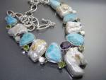 Sterling Silver Keshi Pearl Amethyst Larimar Peridot Necklace 20 Inches End To end 1 inch 1 3/4 Center 100 Grams