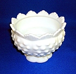 This Fenton hobnail milk glass candle bowl measures approx. 3.25 inches tall and 4 inches across.  It is in excellent condition with no chips or cracks.   <BR><BR><BR>