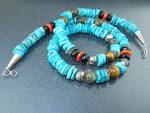 Navajo Sterling Silver Beads Sleeping Beauty Turquoise Coral Tiger Eye Beads Necklace 20 Inches Hook Clasp and Sterling Silver Points.