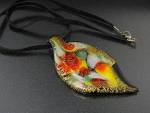 Murano Glass 2 14 inch Pendant Gold Orange Green Gold on Black White with an 18 inch Black Leather Cord. 