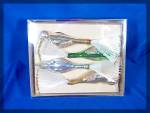 Christmas Original Boxed 4 Vintage Blown Glass Clip on Birds 6 Inches Wide made in Japan Imported  NYC 2 Gold 1 Silver 1 Green are in original box.