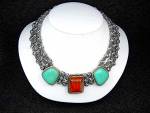 David Troutman Silver Creations From the Southwest Sterling Silver Apple Coral Kingman Turquoise 3 Strands Sterling Silver Beads Necklace Hook Clasp 146 Grams 15 Inches 2 1/2 inch extender 1 1/4 and 1...