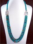 Navajo Turquoise Amber Spiny Oyster Lapis Beads Sterling Silver Signed Square Side Enhancements with Sterling Silver Beads Squaw Wrap 3 Strands Necklace 30 Inches.