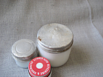 Wonderful set of Milk Glass Bottles.  One was for Jergens lotion.  The Jergens bottle is 2" tall and 2 1/4" in diameter.  Metal screw on lid states, "To Introduce Jergens, Free With Jer...