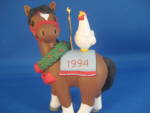 Cutest ornament from Hallmark with a horse looking at a rooster on it's back.  Has 1994 on blanket and does have a name of the other side "LaDene".  In excellent condition, still in original...