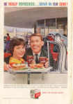 This original ad was taken from the National Geographic Magazine, Oct 1959, Be Refreshed Drive-In for a Coke. This ad is in good condition considering its age,scuffed, and that it was a back  cover ad...