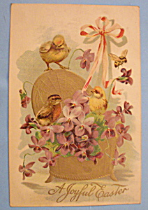 A Joyful Easter Postcard With 3 Chicks In Basket