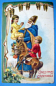 Christmas Greetings Postcard W/santa & Kids On Horse