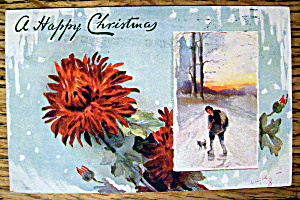 A Merry Christmas Postcard W/boy Walking In Snow