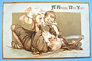 A Happy New Year Postcard W/old Man Playing With Child