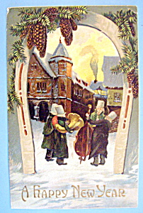 A Happy New Year Postcard W/musicians Playing In Snow