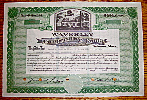 1947 Waverley Co-operative Bank Stock Certificate