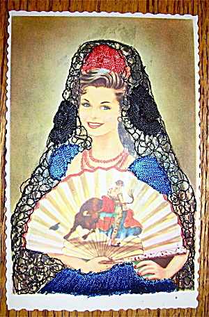 Spanish Woman Holding A Fan Postcard-fabric Overlay