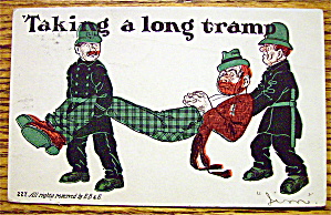 Two Policemen Carrying A Very Tall Bum Postcard